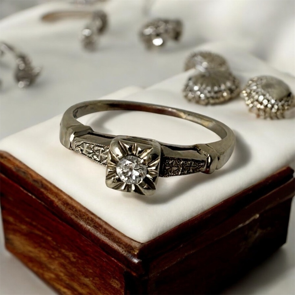 DIAMOND RING 14K VINTAGE ART DECO WHITE GOLD, ENGAGEMENT RING